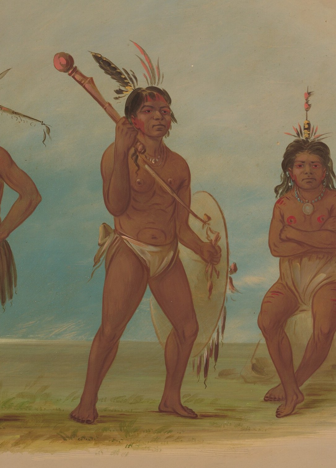 The raised club and shield suggest a warrior or ceremonial role, hinting at cultural practices.