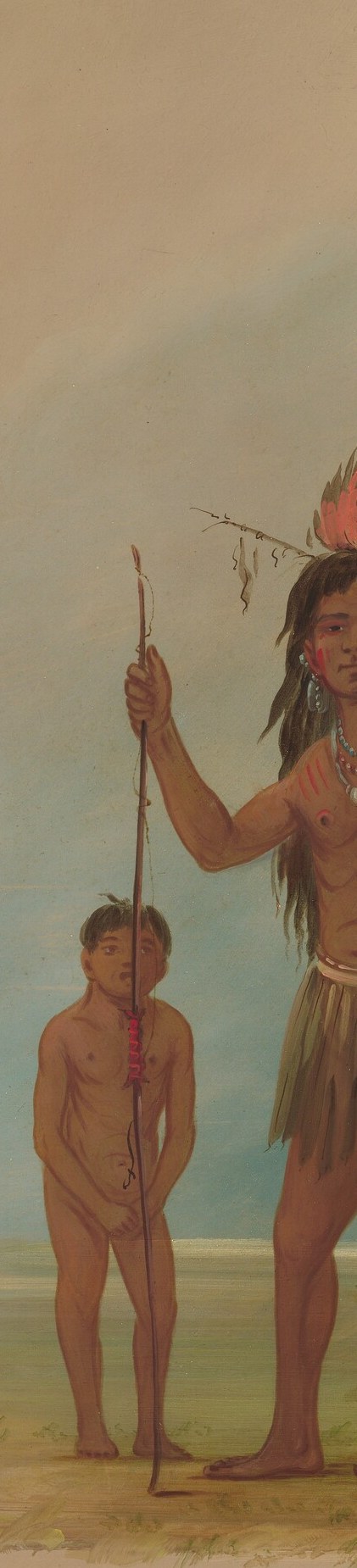 Each holds a spear, a tool for hunting or defense.