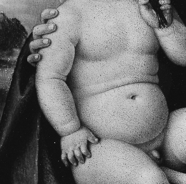 The curved, supporting hand is both anatomically naturalistic and theologically legible , physical protection mapped onto divine guardianship.