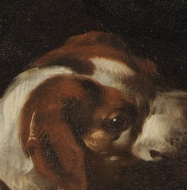 The dog's upward gaze towards the hunter creates a strong emotional connection.