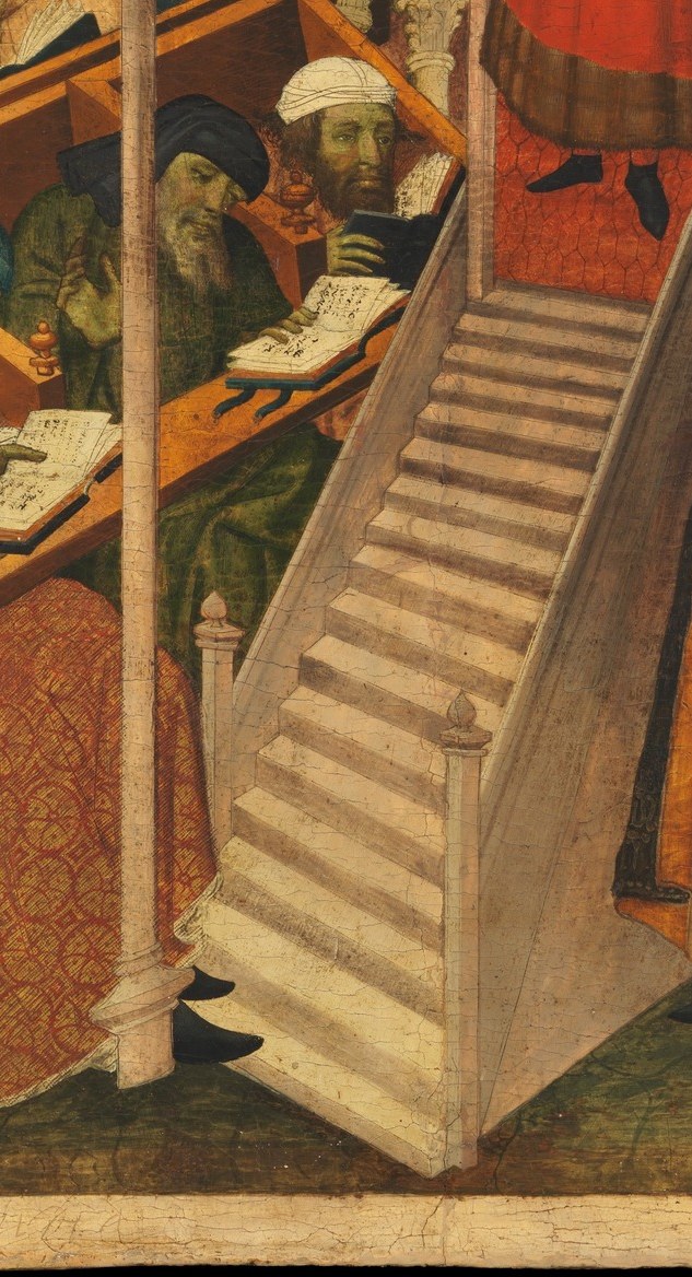 The stairs function as a literal and symbolic axis of ascent, the doctors sit below in the realm of study, Christ stands above in the realm of revelation