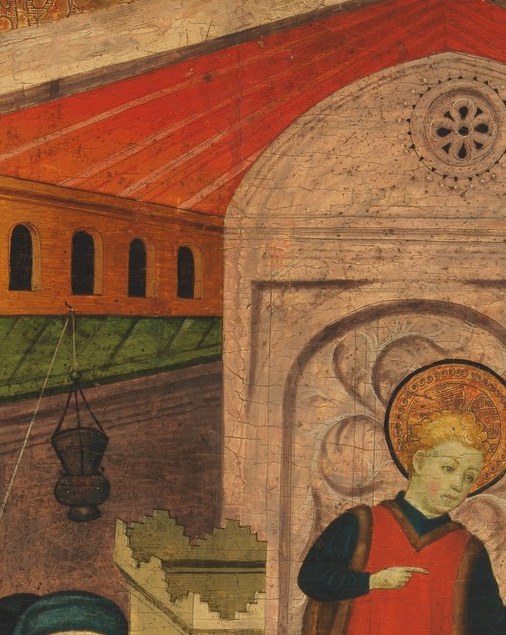 The halo is the single most legible divine marker in the scene; its gold catches light differently from the painted background and anchors divinity to a child's face
