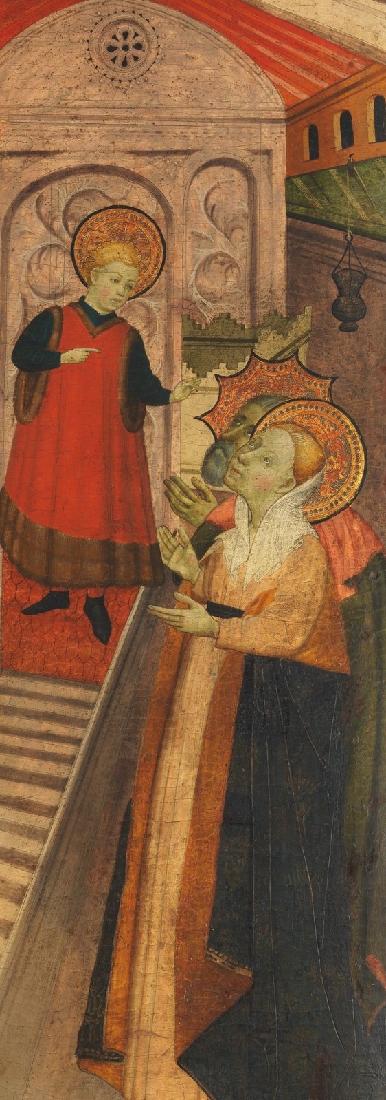 This haloed figure, possibly Joseph or a senior Doctor, shares sanctity with Christ via halo yet his posture reads as deferential, complicating the authority hierarchy