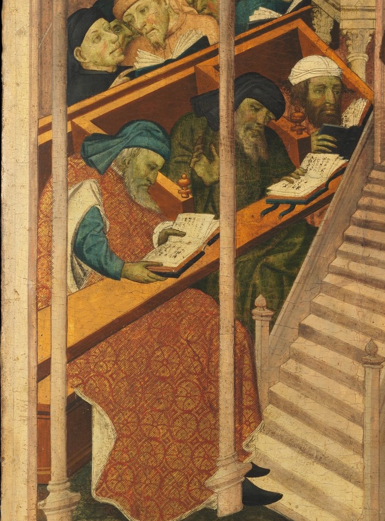 The Doctors of the Law absorbed in their texts, physically lower and enclosed while Christ stands open and elevated; the compositional contrast enacts the theological point