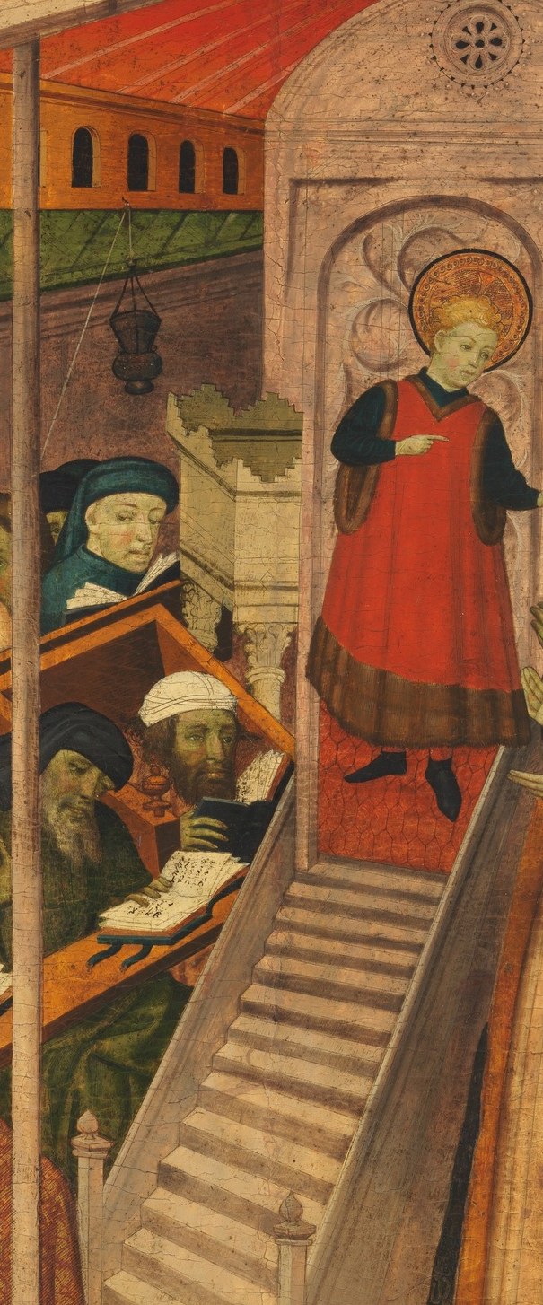 Narrative and compositional center; the upright haloed child visually towers over the seated scholars through both elevated position and saturated crimson robe