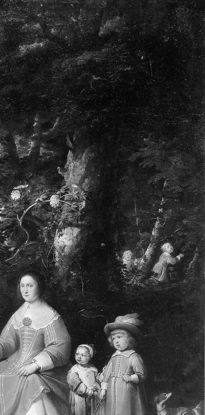 D'Arthois's signature , a monumental tree that acts as a natural architectural column, framing the figures and dwarfing them to emphasize nature's permanence over human generations.
