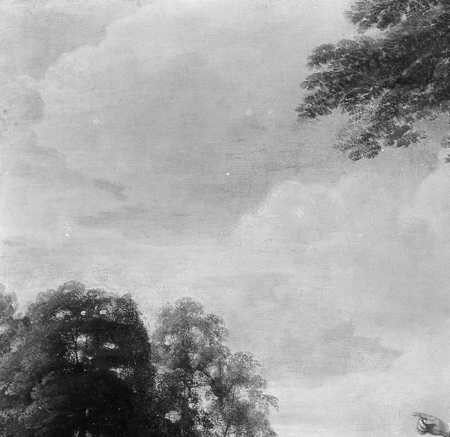 This is the hidden-detail zone: secondary figures or animals may be dissolved into the dark foliage, a common Flemish device for enriching a composition for close viewers.