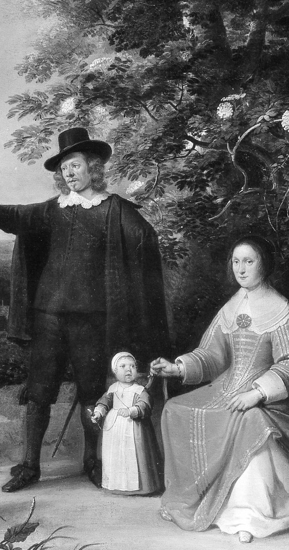 Her light dress contrasts the dark trees and husband; her posture , lower than the patriarch , implies tender domesticity and the conventional gender hierarchy of the era.