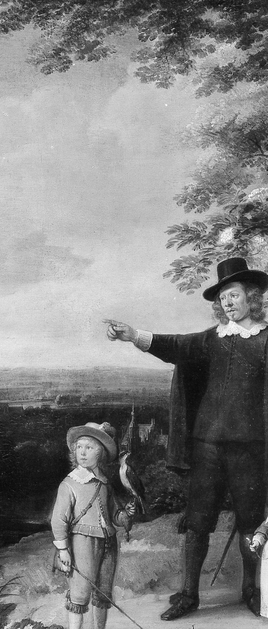 The tallest and darkest figure anchors the composition; his upright posture and commanding hat signal social status , the family is organized around him.
