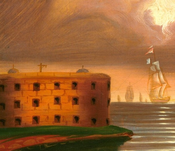 The specific masonry silhouette of Castle Williams on Governors Island anchors this as a dateable New York Harbor view , the fort is the painting's historical passport.