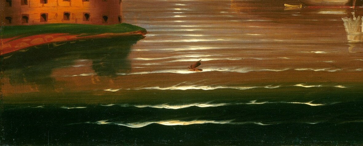 Chambers renders waves as repeating stylized arcs rather than illusionistic water , a naive-art signature that makes the 'threat' feel decorative yet kinetic simultaneously.
