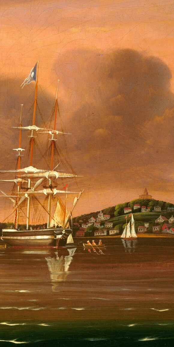 The dominant human presence in the scene , its masts pierce the storm sky, making it the lone assertion of navigational will against the threatening weather.