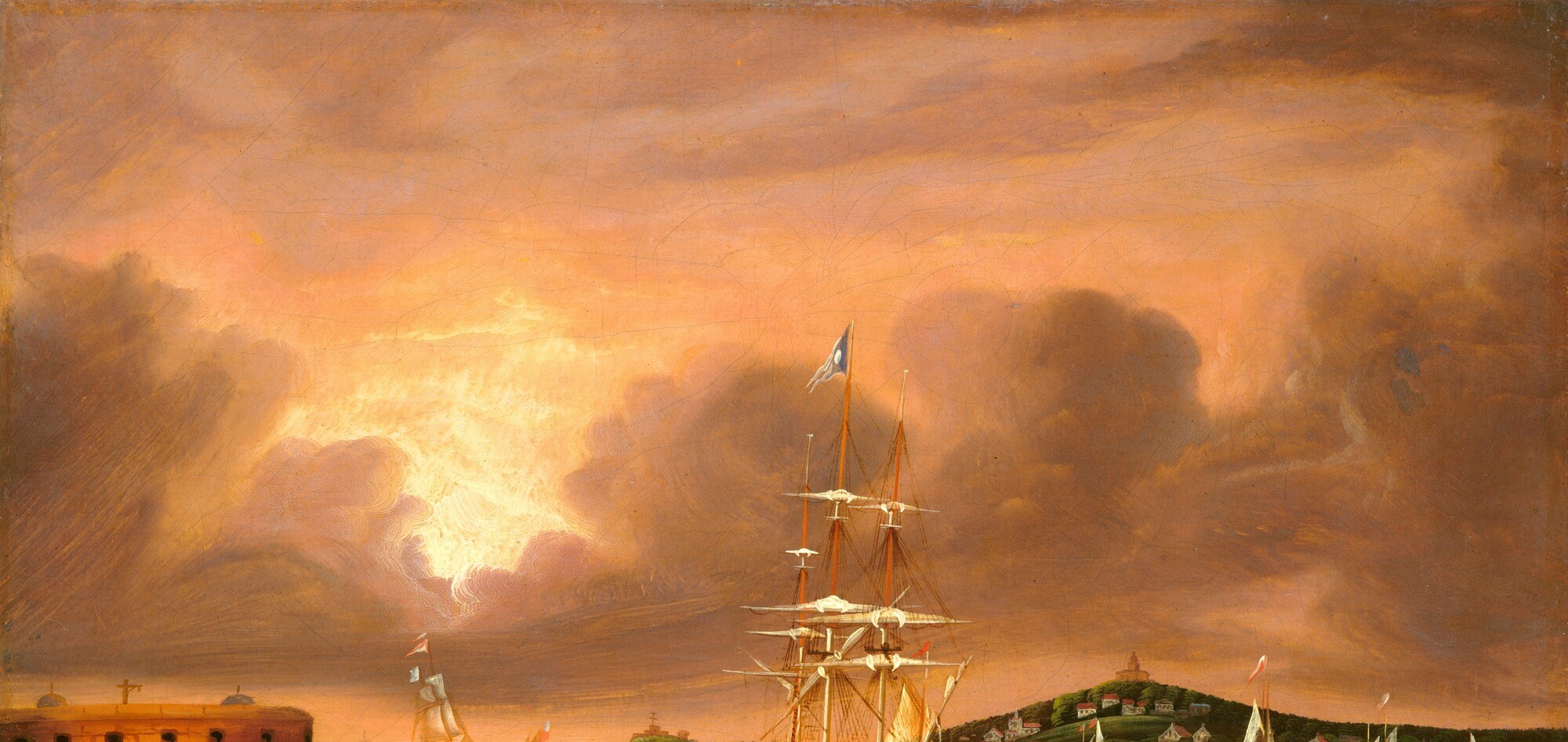 Chambers uses lurid orange-to-purple gradients that are more vivid than nature; the sky is a theatrical set piece that reveals his folk-art sensibility over academic naturalism.