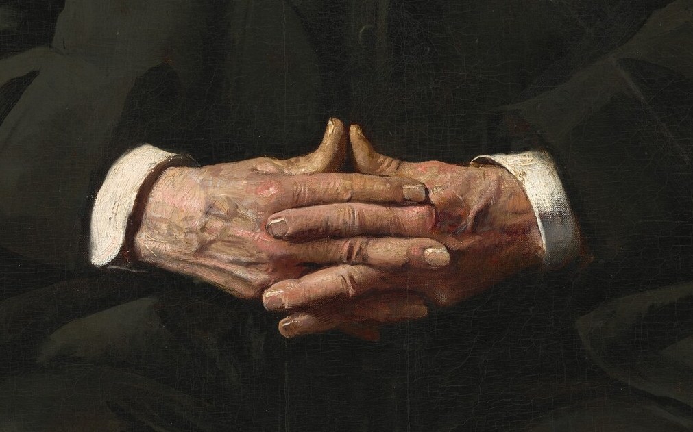 The carefully rendered hands, resting in his lap, suggest a calm and composed demeanor, but also a sense of introspection.