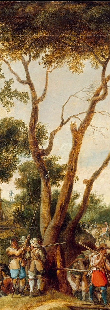 The compositional spine of the painting , Snayers uses its forking trunk and sparse canopy to divide the scene into left-cluster and right-cluster activity, a classic Flemish device for organizing a crowd.