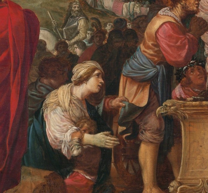A priest bends over a stone altar, preparing a sacrifice.