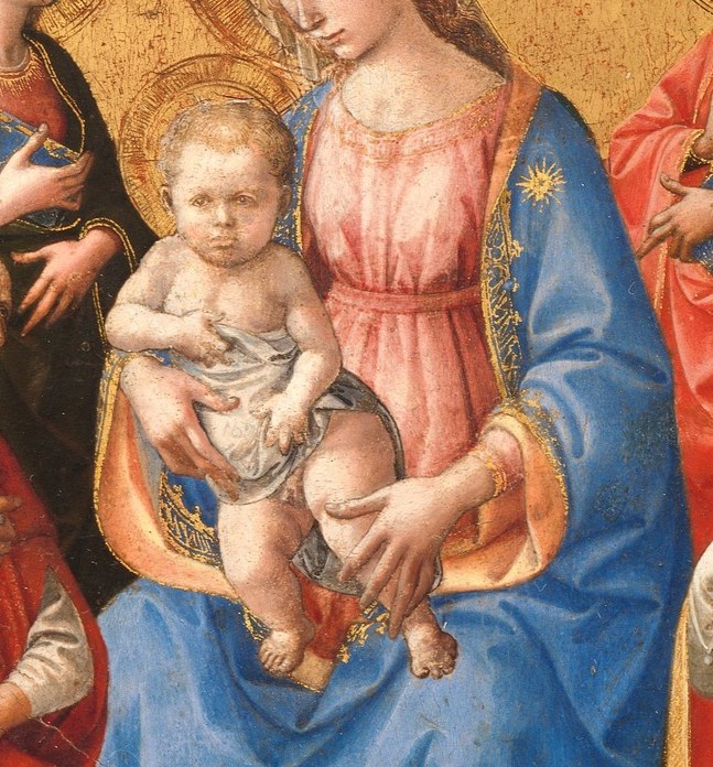The partially unclothed infant Christ raises a hand in blessing while turning outward , a gesture that bridges the sacred and the human, marking him as both baby and divine figure.