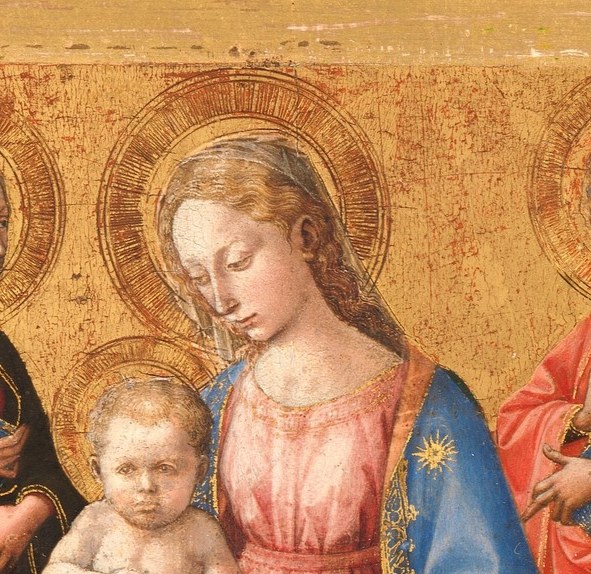 The centerpiece of the devotional image; her tender downward glance toward the Child conveys maternal tenderness and invites the viewer's gaze into the composition's emotional core.