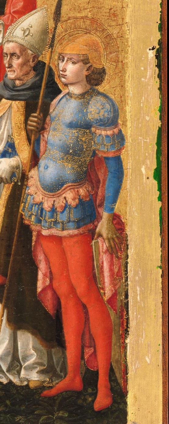 The gleaming steel-and-gold armor represents Pesellino's virtuoso metallic highlight work , each plate catches light differently, a tour-de-force in a panel barely 8 inches wide.