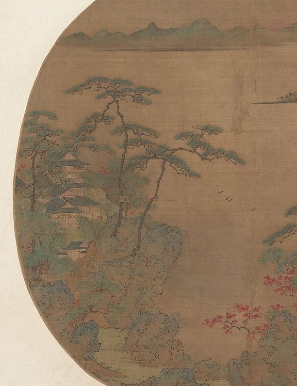 The layered dark canopy is built from individuated brushstrokes showing the artist's training; pines also symbolize evergreen moral constancy, so form and meaning reinforce each other.