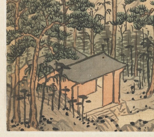 The dense pine trees are painted with many small, dark dots.