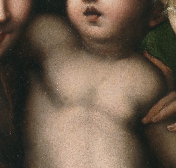 Mary holds the Christ Child, who eagerly reaches for fruit.