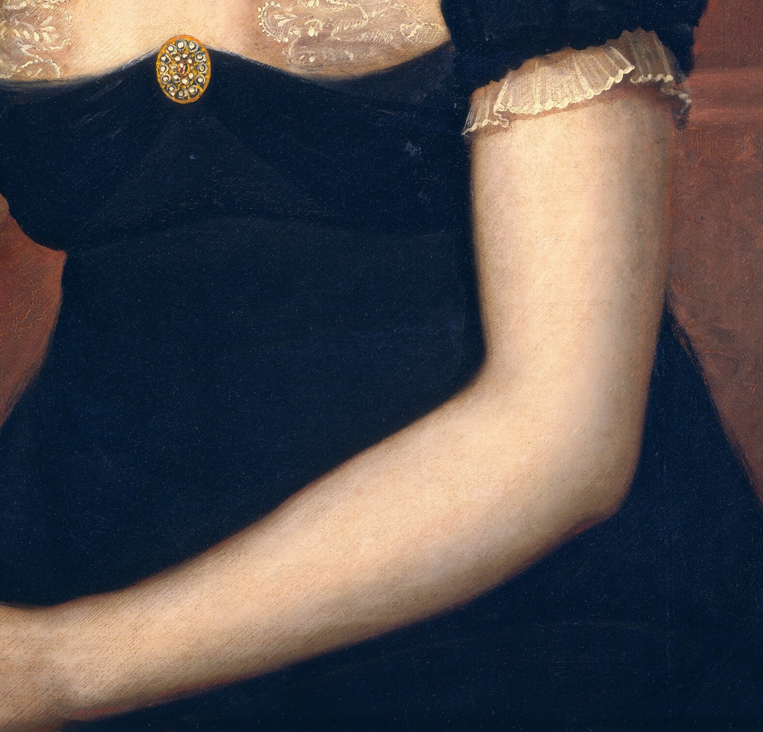 The dark velvet dress further emphasizes her social standing.