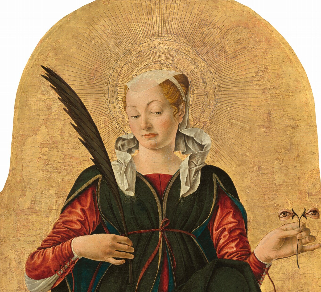 The gilded ground signals sacred time outside history; in person, the panel would have responded to every candle in the Griffoni chapel, making Lucy appear to glow from within.