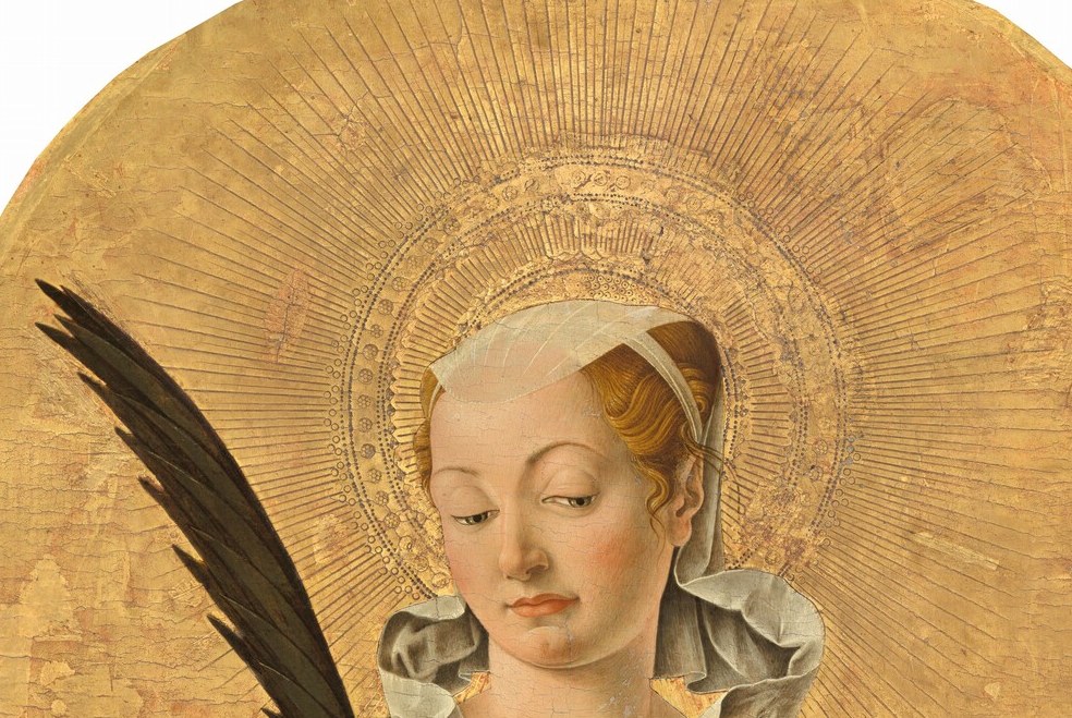 The halo appears to carry textured or punched-gesso decoration , in chapel candlelight it would have glittered; close inspection might reveal the tooling pattern.
