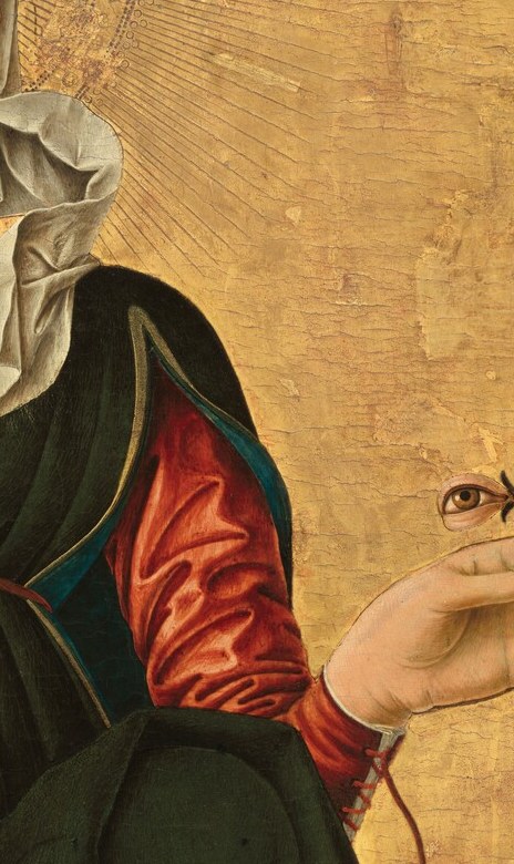 The saturated red sleeve is the main chromatic event of the panel , blazing against the dark mantle and pointing the eye toward the hand holding the eye stalk.