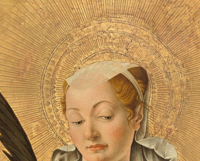 Eyes cast downward in serene composure , a devotional interiority rare in frontal altarpiece saints, suggesting contemplation rather than intercession.