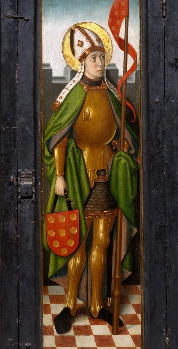 An armored saint guards with a red shield.
