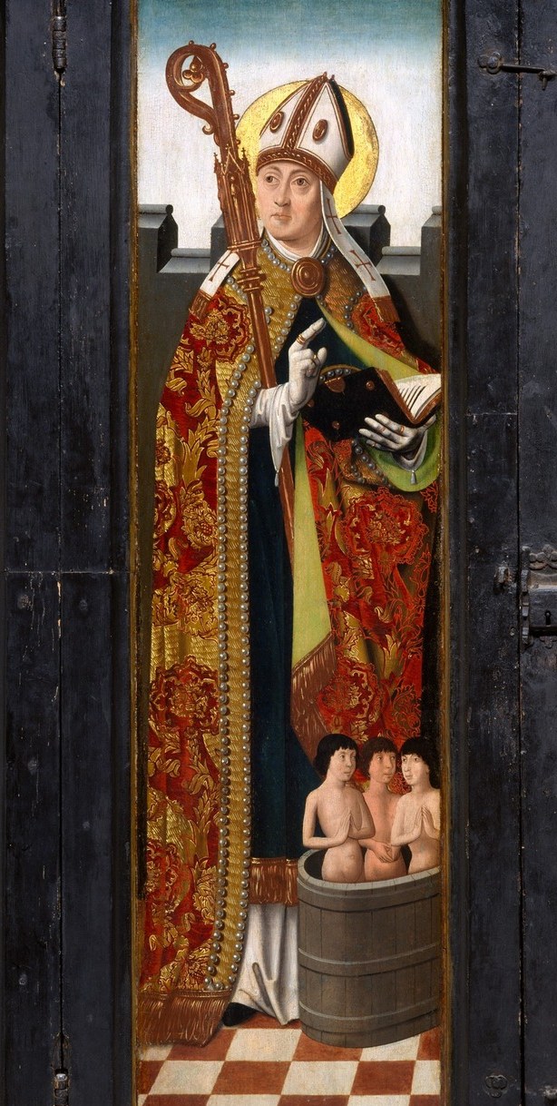Look at the bishop's ornate robes and staff.