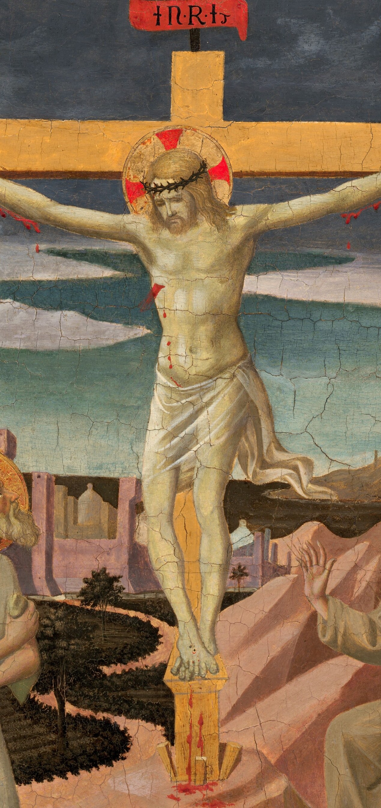 The central devotional subject , taut anatomy, downward tilt of the head, loincloth swaying , reads as both suffering and surrender, the axis the entire composition revolves around.