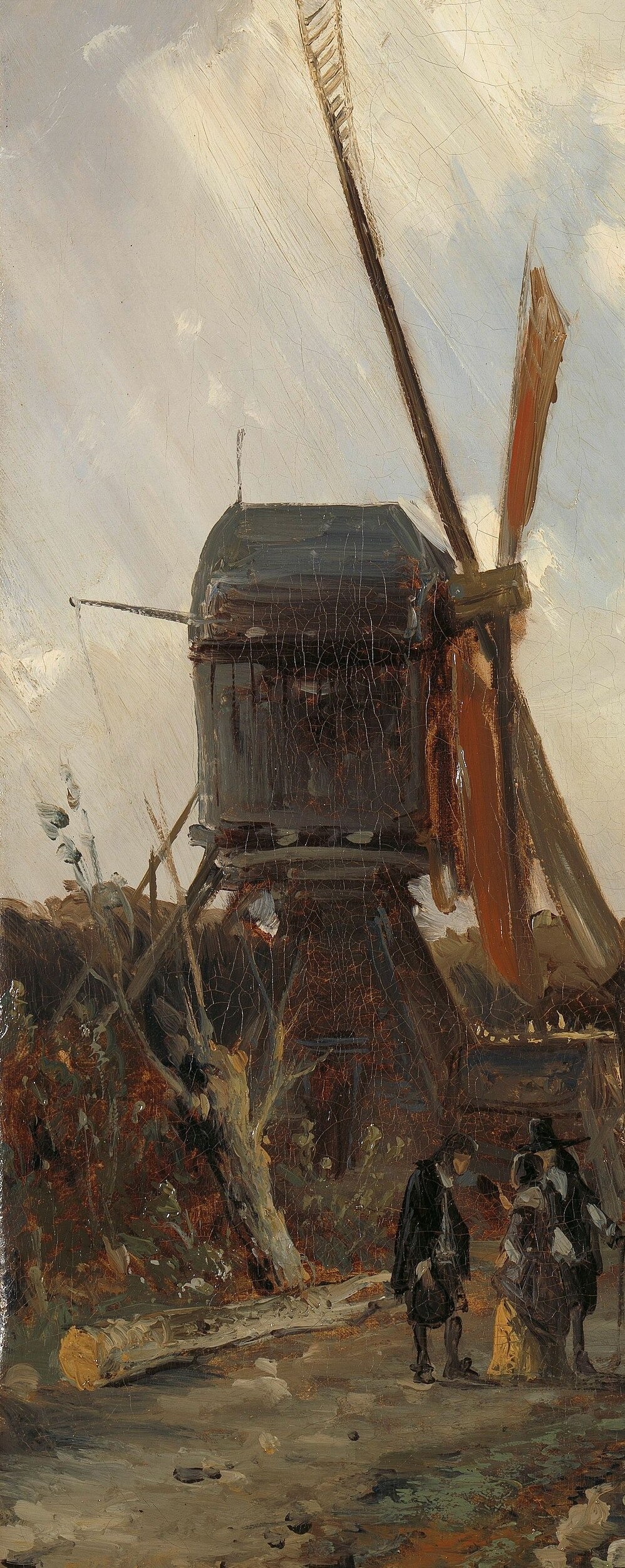 The painting's anchor , its dark sails and timber body create a strong vertical silhouette that frames the entire composition and signals Dutch identity immediately.