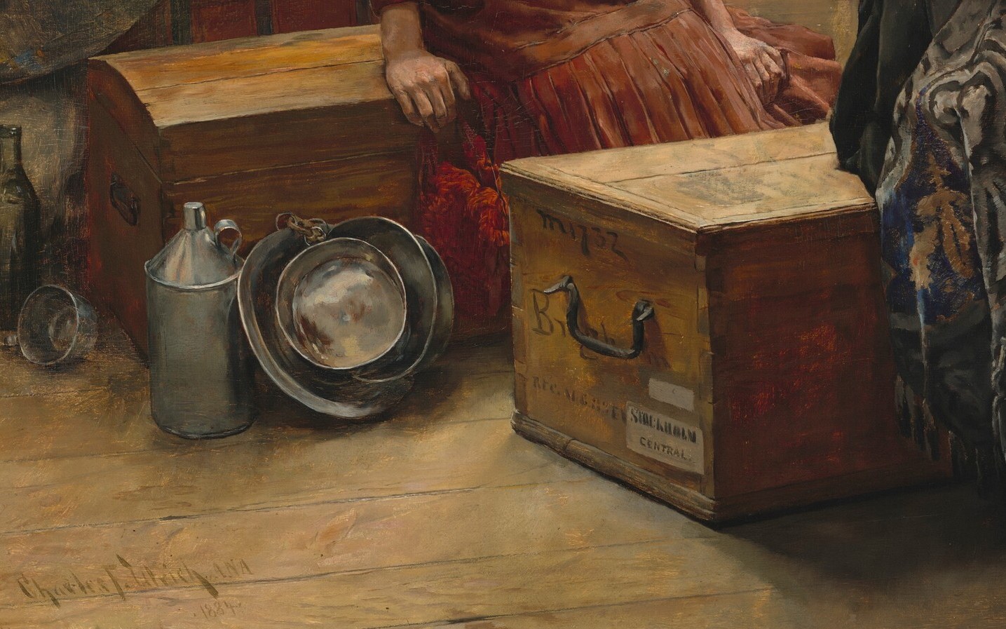 Her only possession: the trunk she sits on.