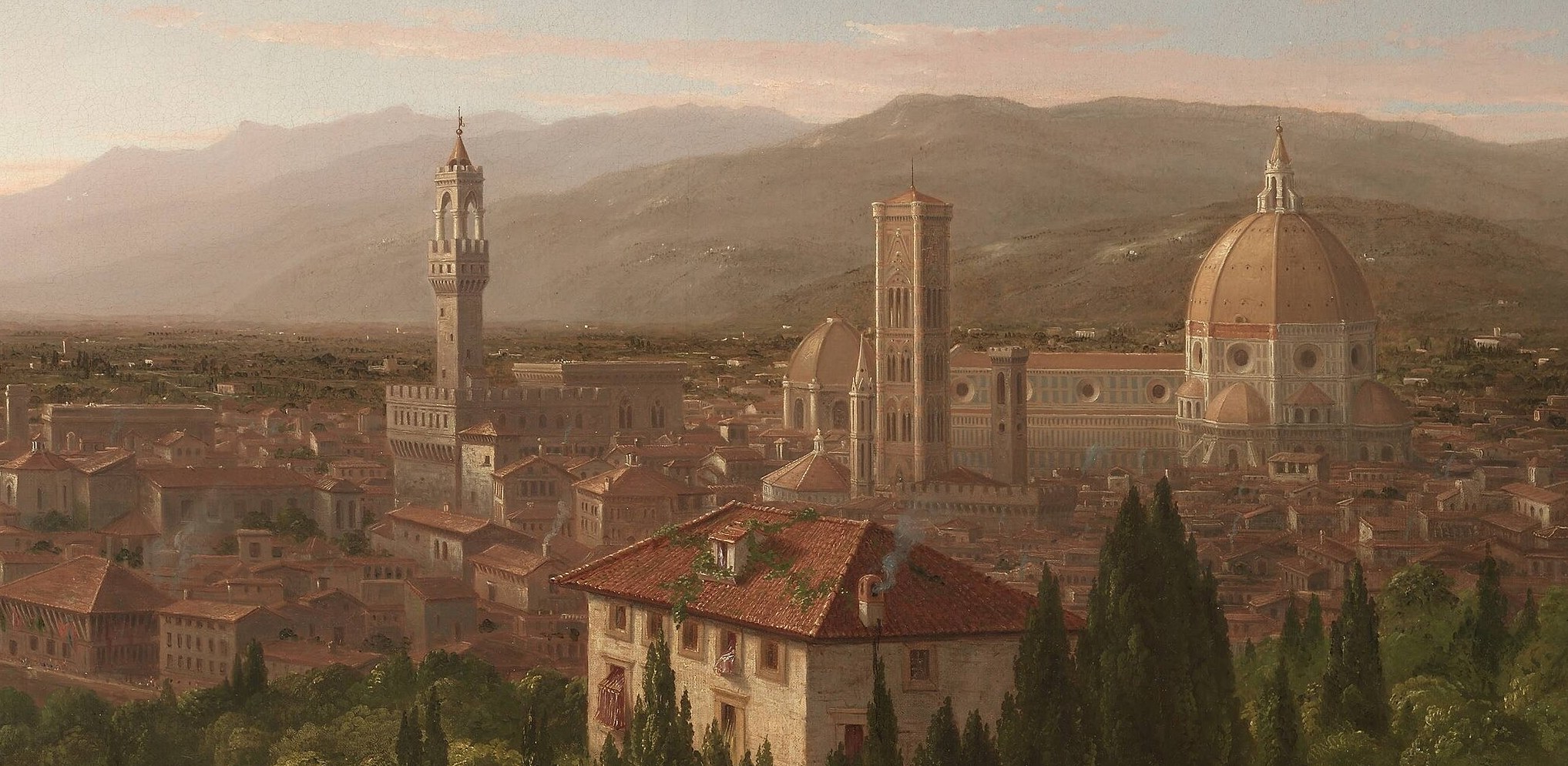 The sheer density of warm ochre rooftops conveys Florence as an accumulated human achievement , centuries compressed into a single horizontal band.