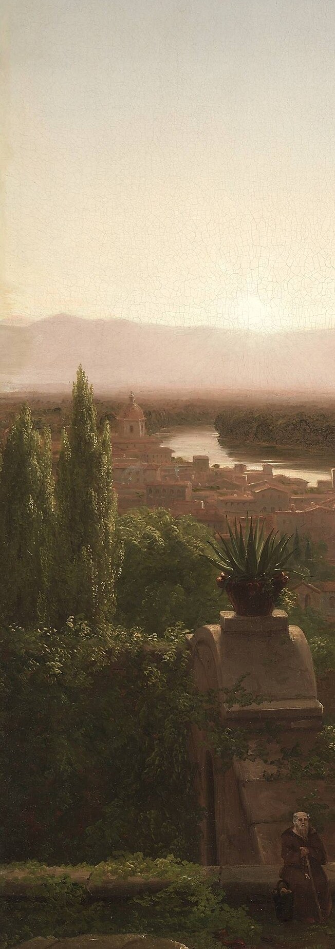 Classic Claude Lorrain-style framing device; the dense darkness makes the luminous city beyond feel like a revelation.