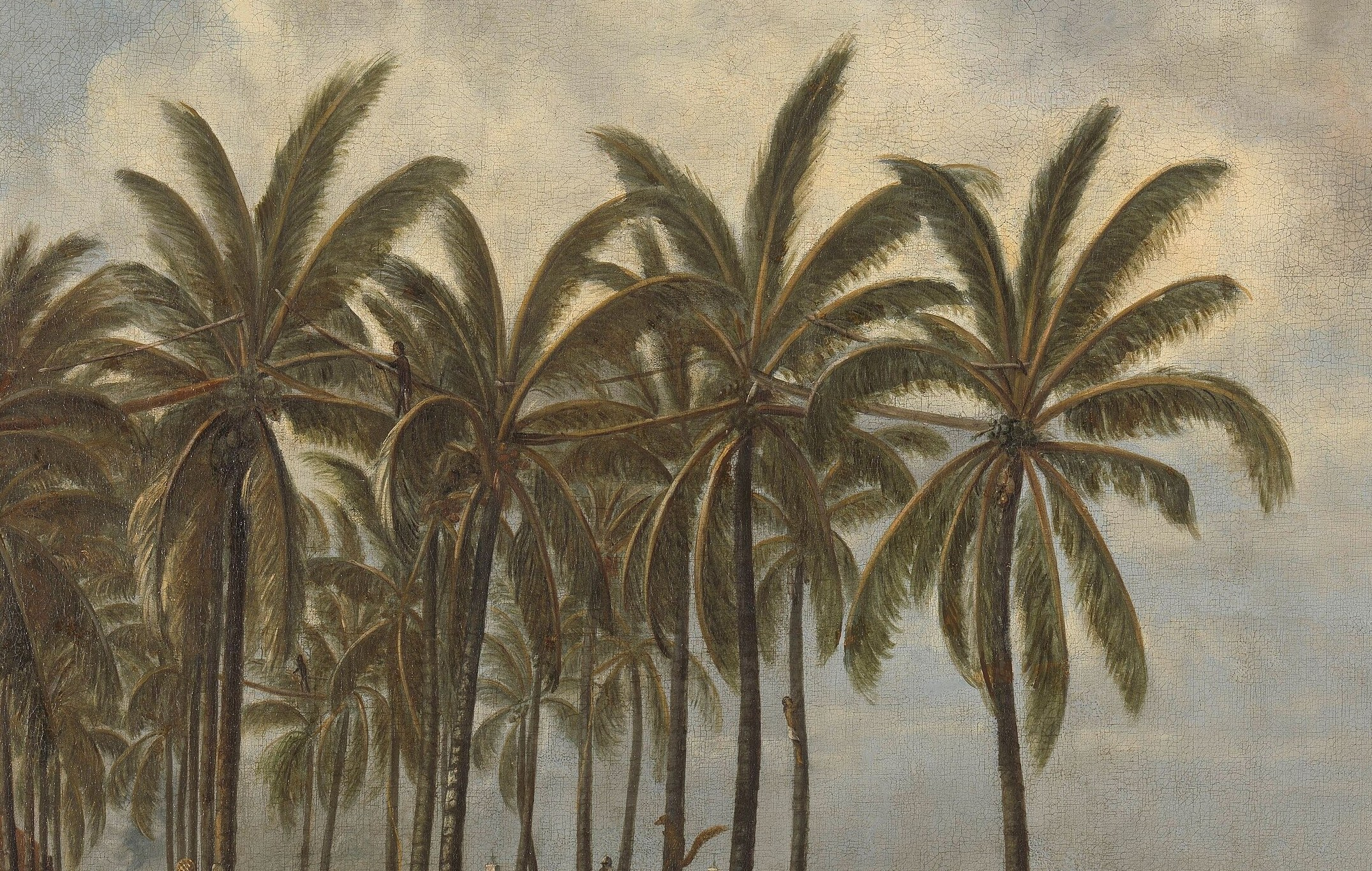 Palm trees and distant ships set a bustling, tropical scene.