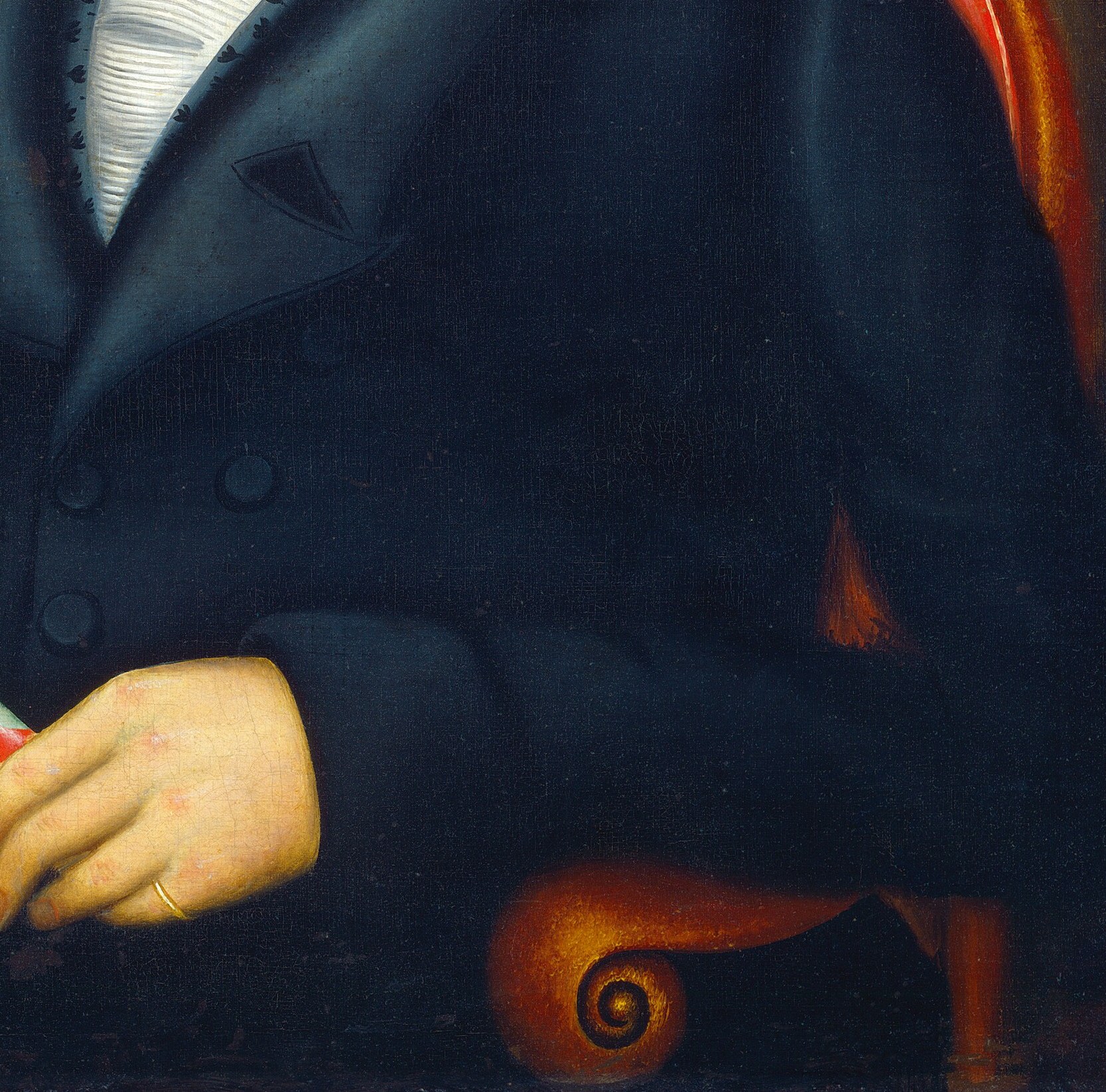 He wears the formal, dark coat of an early 19th-century gentleman.