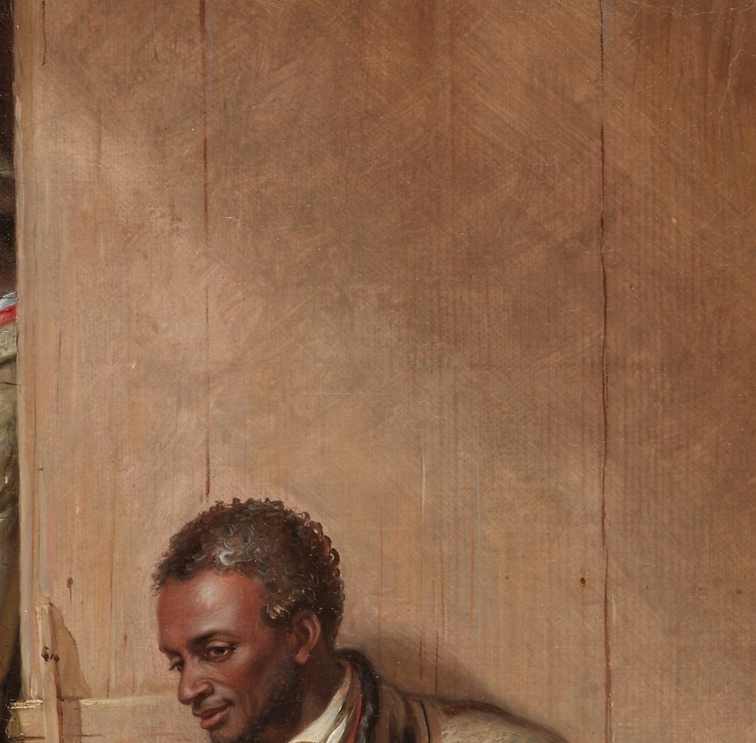 His expression , eyes slightly downcast, mouth relaxed , captures involuntary surrender to the fiddle tune; the emotional core of the entire painting.