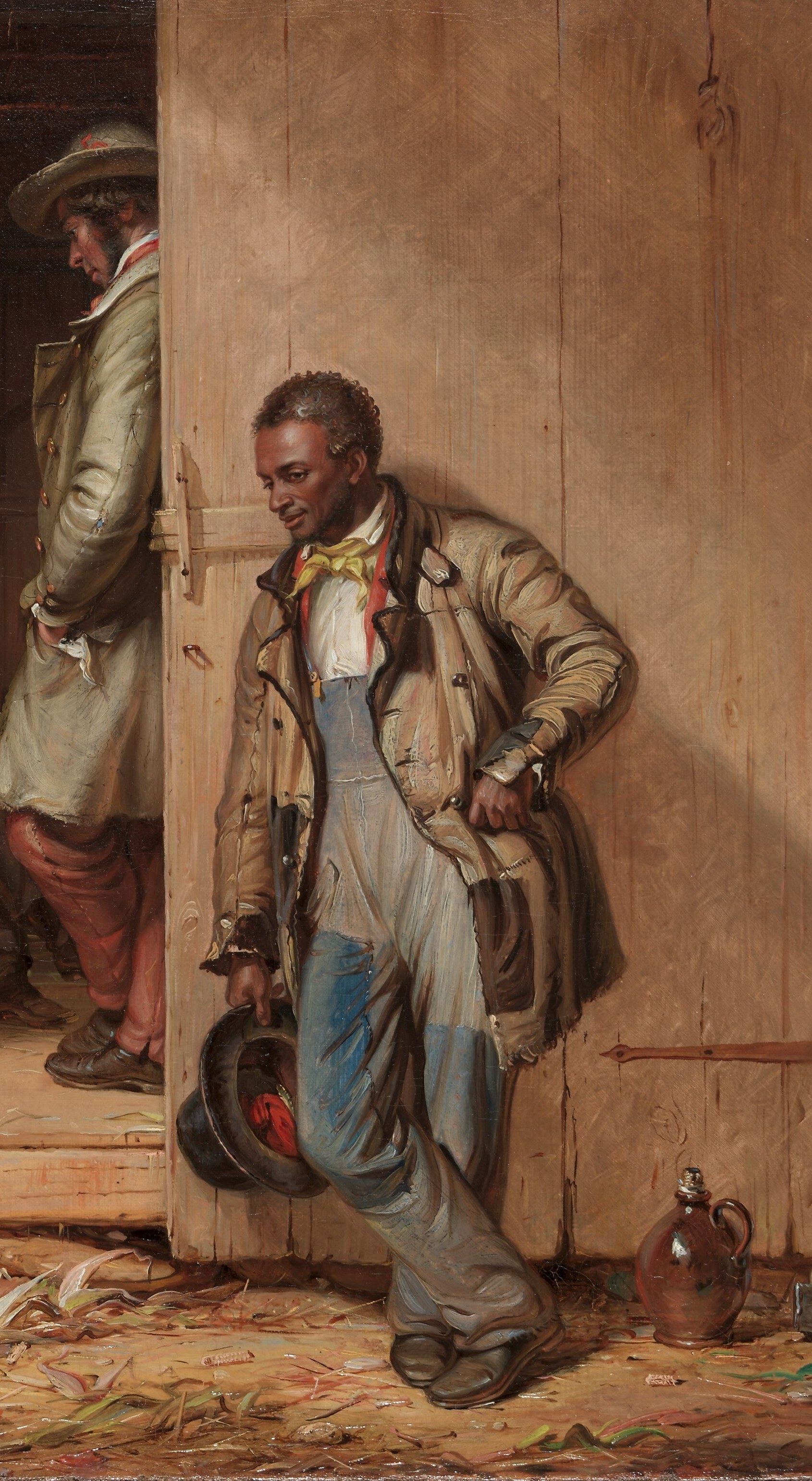 He occupies the threshold but not the interior , his placement just outside the door is the painting's central racial argument made visible without a word.