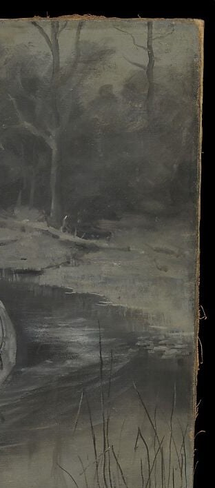 Together with the left bank creates a narrow river corridor that isolates the three figures from any witness , geography as accessory to the crime