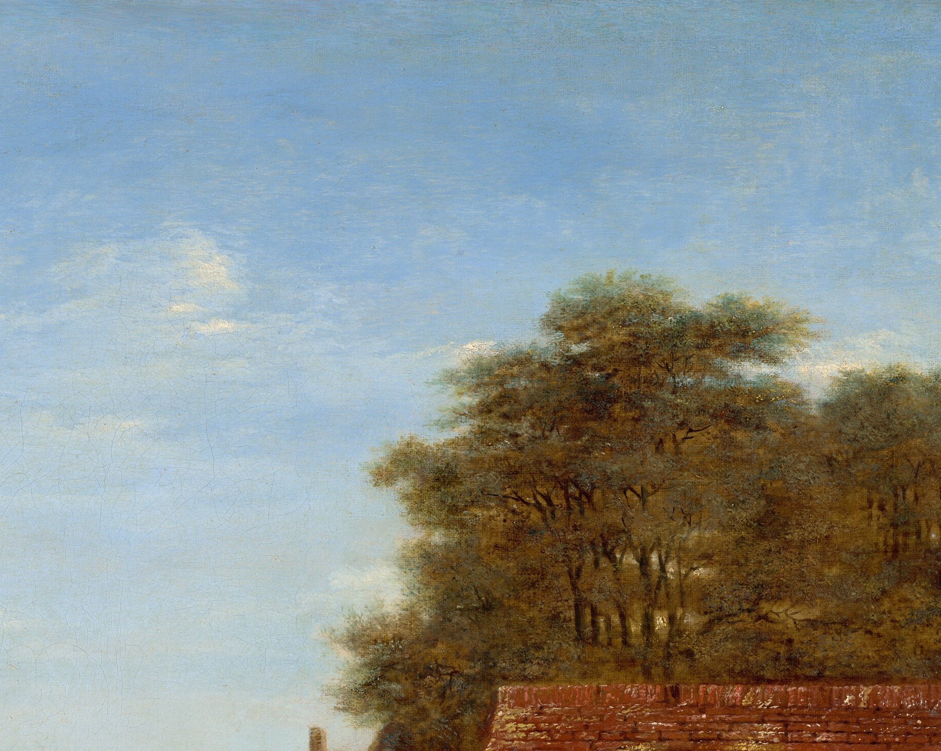 De Hooch's most virtuoso passage here: dappled foliage filters direct sunlight and softens the hard brick geometry below , a masterclass in outdoor atmosphere