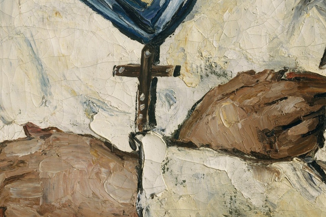 Look at the painter's thick, rough strokes on the hands.