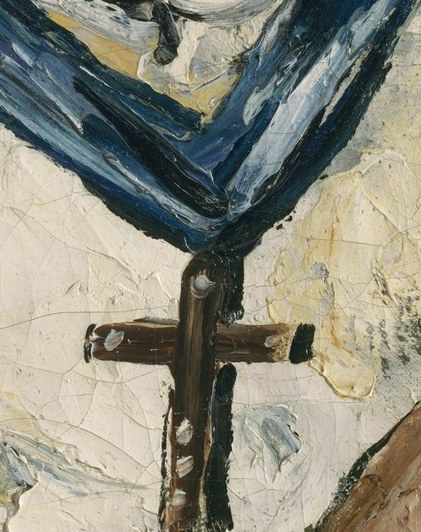 A charged symbolic object , the primary devotional marker of monastic identity, rendered in warm gold against the white habit, it is the painting's only clearly legible symbol.