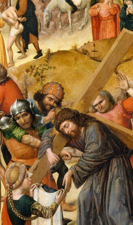 The fulcrum of the whole composition , his bowed posture and grey robe communicate total physical exhaustion; the crown of thorns is visible even at this scale, anchoring the theological meaning in a single glance.