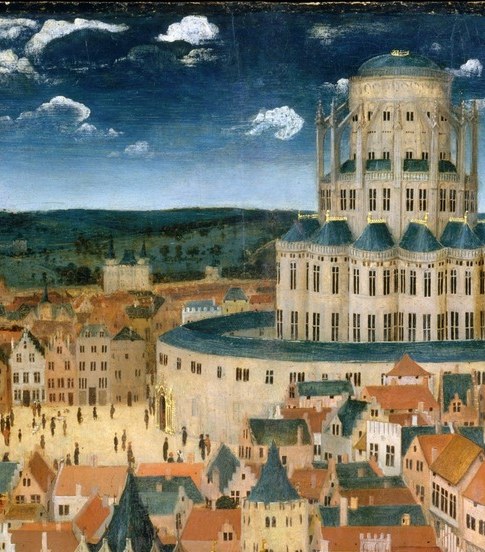 Likely a visual reference to the Church of the Holy Sepulchre or the Temple of Solomon; its round dome stands out among the Gothic spires and functions as a geographical anchor marking the sacred city.