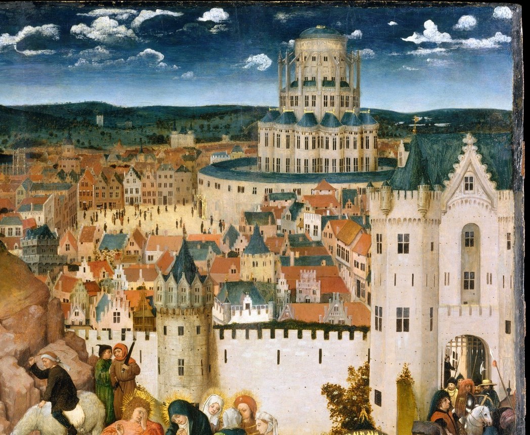 Rendered as a Flemish or Northern European city with towers and spires rather than a historical Middle Eastern setting , the anachronism is the story: the Passion is happening here, now, in the viewer's own world.