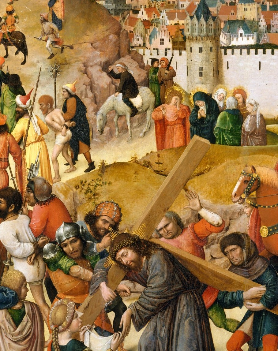 Its diagonal thrust cuts through the crowd like a wedge, organising the entire compositional energy; the rough dark timber contrasts with the painted finery of the surrounding figures.